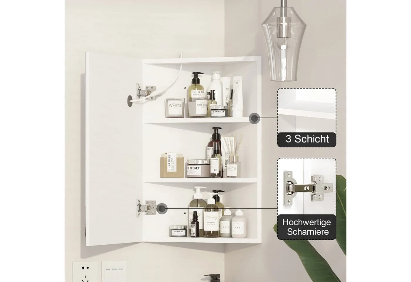 radelldar Eckschrank mit LED-Beleuchtung & HD-Spiegel – 3 Stauraumfächer - Bild 5
