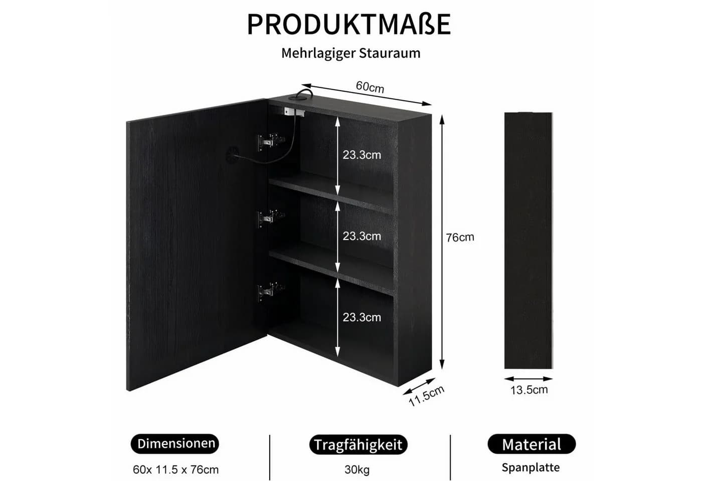 radelldar Badezimmerspiegelschrank mit Beleuchtung und Ablage, Badschrank hängend Badmöbel