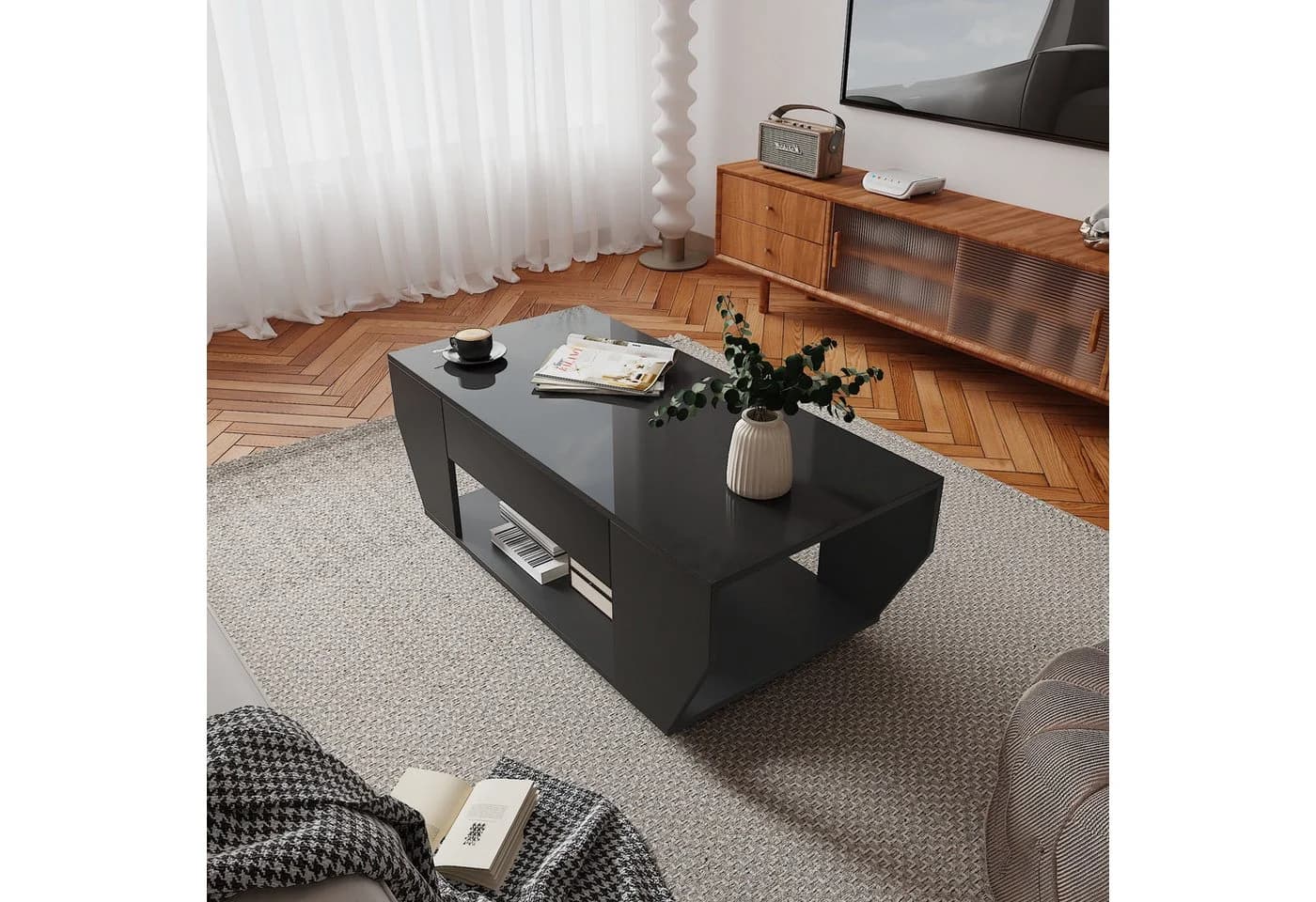 radelldar Couchtisch Boot-Form Weiß/Schwarz mit LED-Beleuchtung & 2 Schubladen - Bild 5