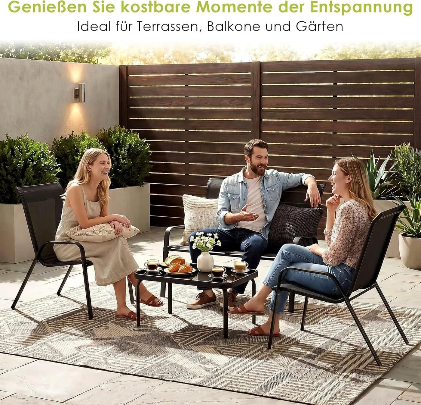 TLGREEN Gartenlounge-Set 4-teilig Schwarz Stahl Textilene