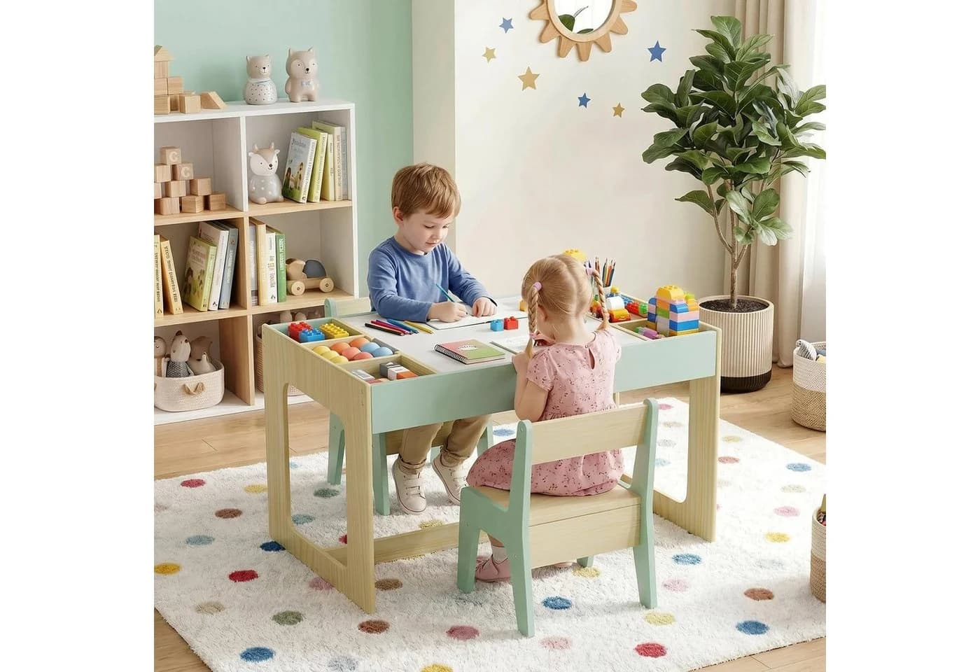 TLGREEN Kindertisch mit 2 Stühlen, Blau/Weiß, mit wendbarer Tafel