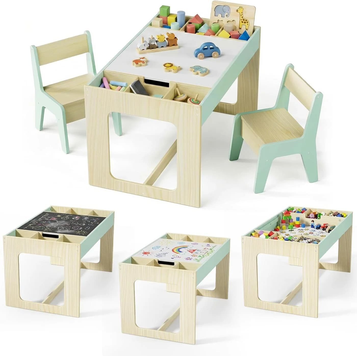 TLGREEN Kindertisch mit 2 Stühlen, Blau/Weiß, mit wendbarer Tafel - Bild 2