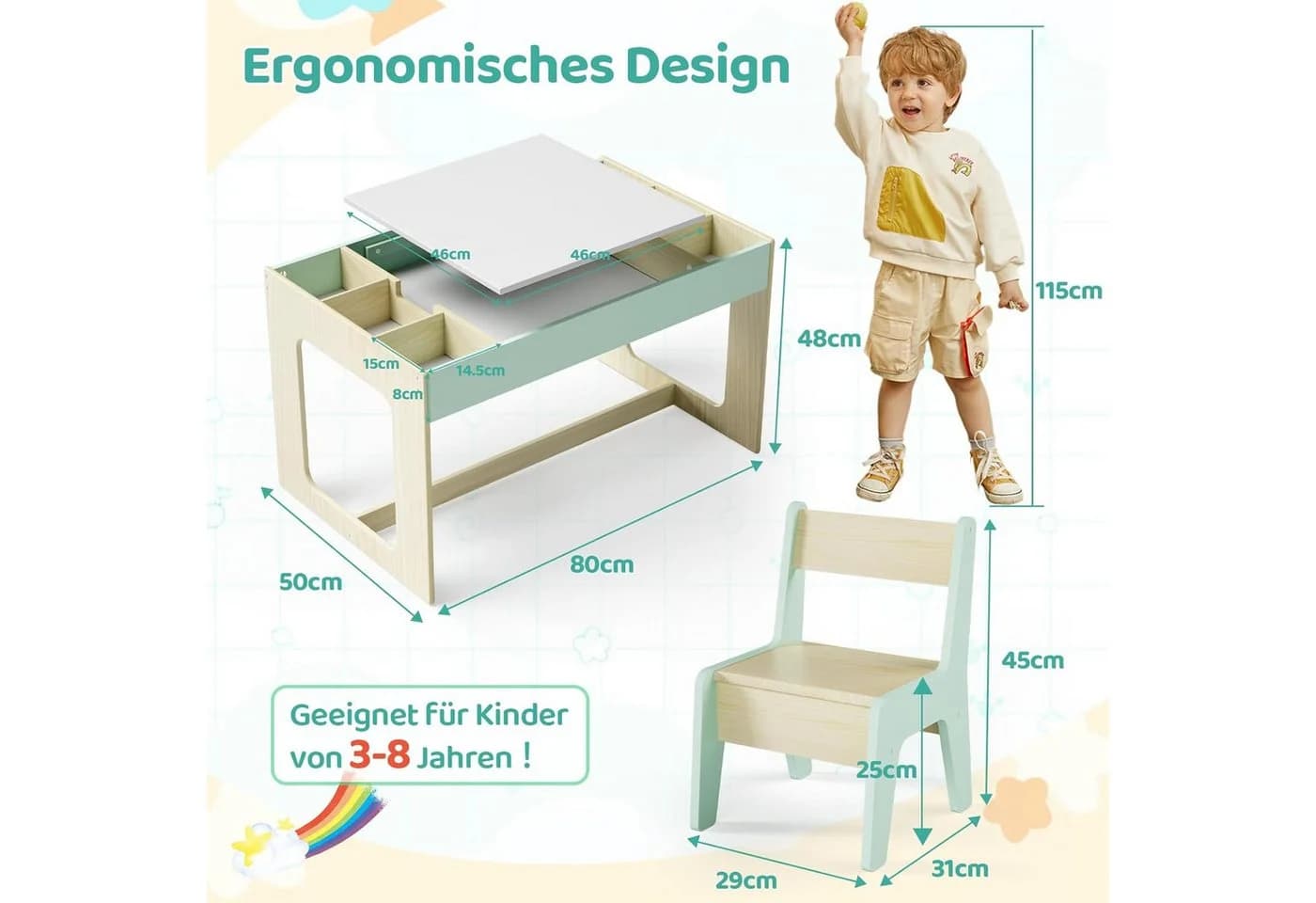 TLGREEN Kindertisch mit 2 Stühlen, Blau/Weiß, mit wendbarer Tafel - Bild 3