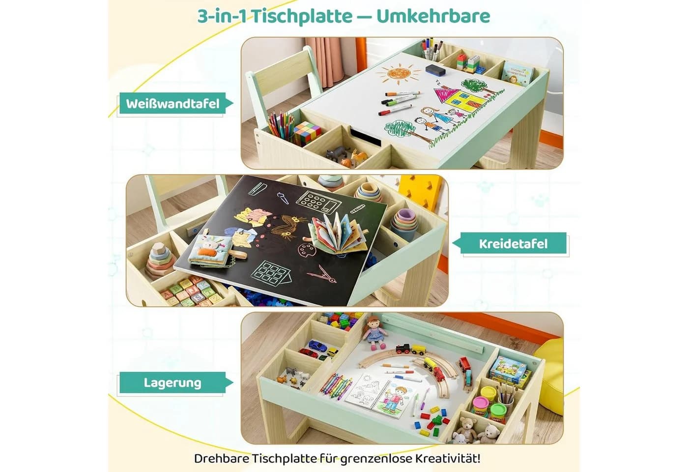 TLGREEN Kindertisch mit 2 Stühlen, Blau/Weiß, mit wendbarer Tafel - Bild 4