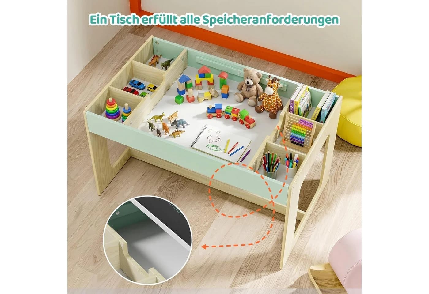 TLGREEN Kindertisch mit 2 Stühlen, Blau/Weiß, mit wendbarer Tafel - Bild 5