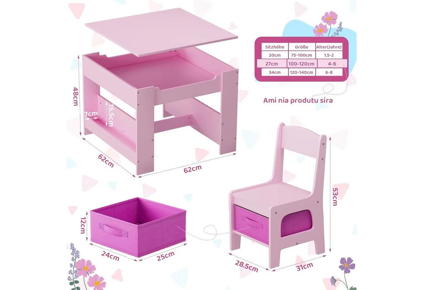 TLGREEN Kindersitzgruppe 3-in-1 Multifunktional Rosa mit Whiteboard - Bild 3