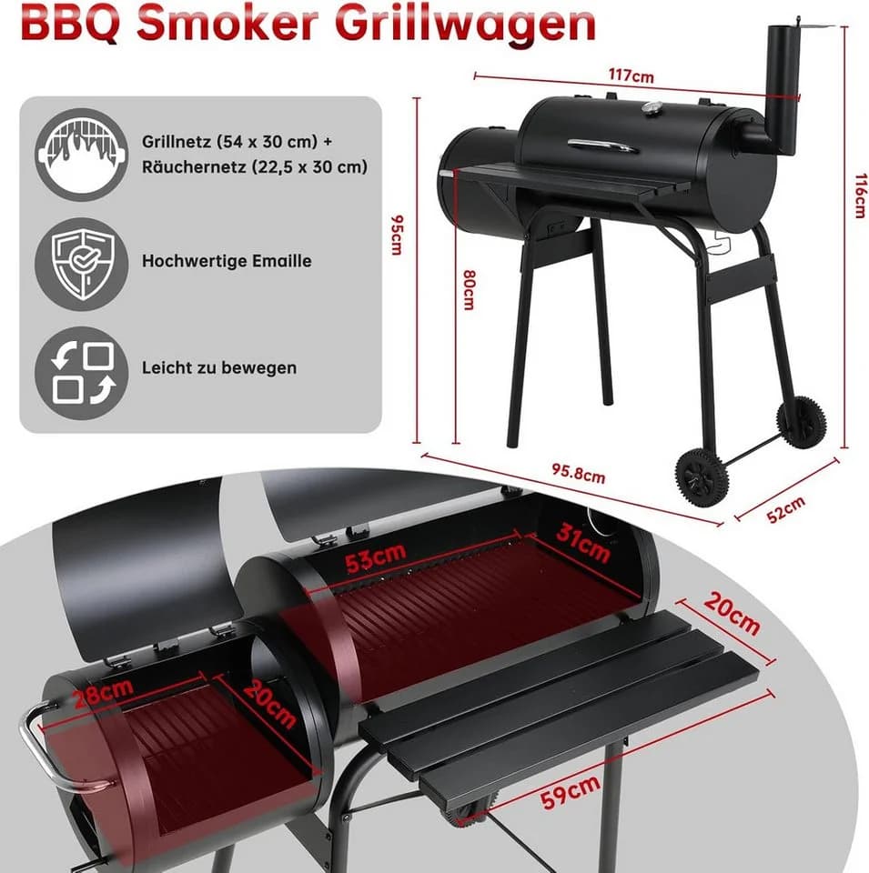 TLGREEN Holzkohlegrill 2-in-1 Smoker mit Thermometer & Rädern Schwarz