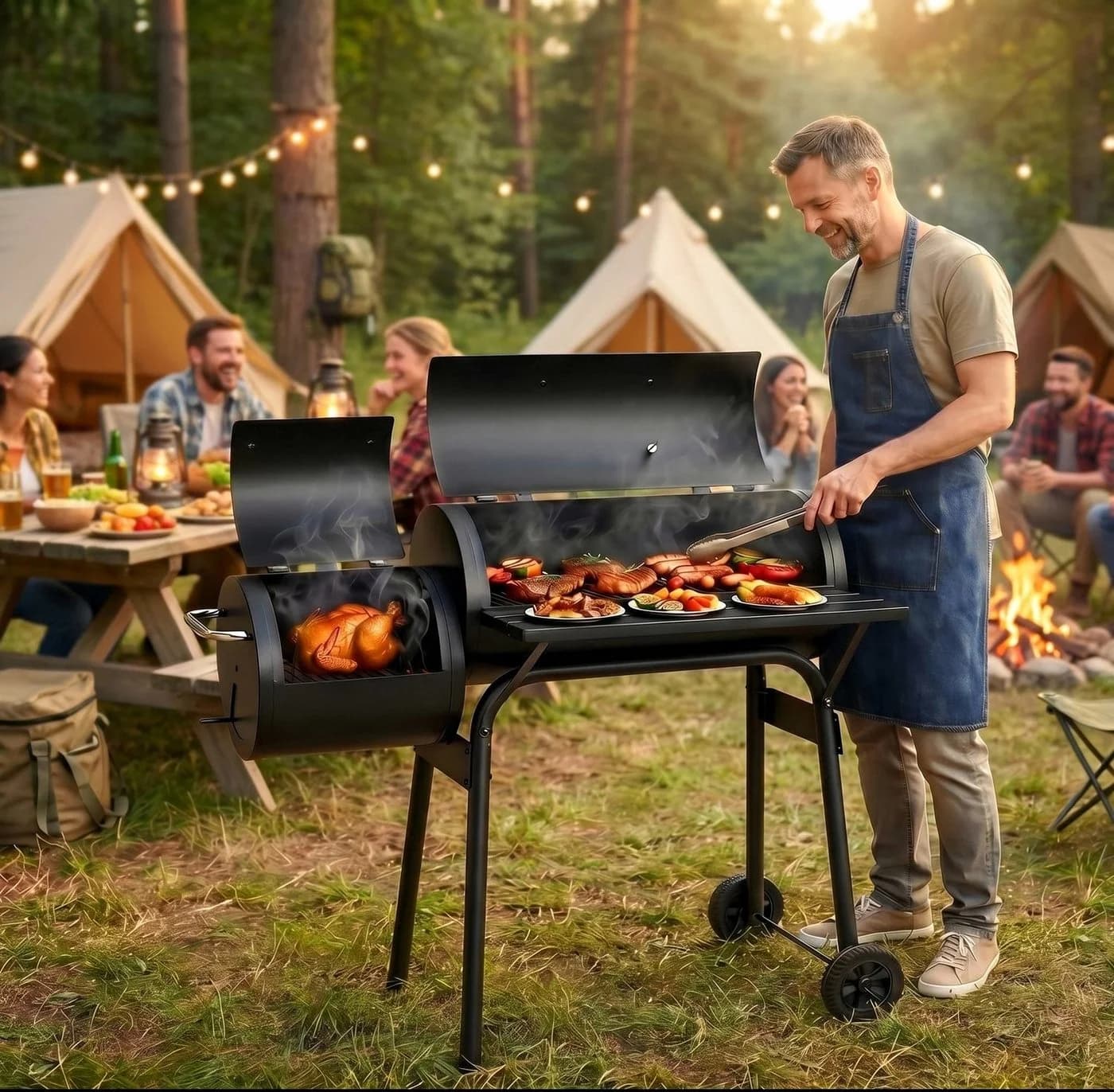 TLGREEN Holzkohlegrill 2-in-1 Smoker mit Thermometer & Rädern Schwarz - Bild 2