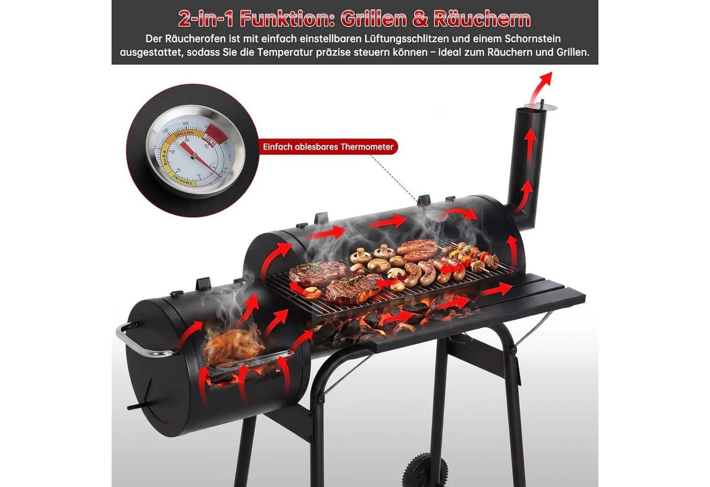 TLGREEN Holzkohlegrill 2-in-1 Smoker mit Thermometer & Rädern Schwarz - Bild 4