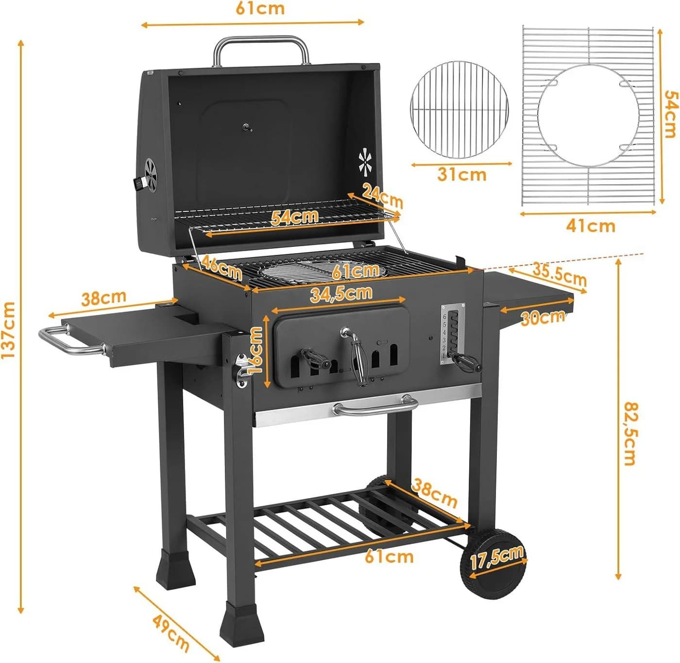TLGREEN Holzkohlegrill XXL Grillwagen mit Deckel grau