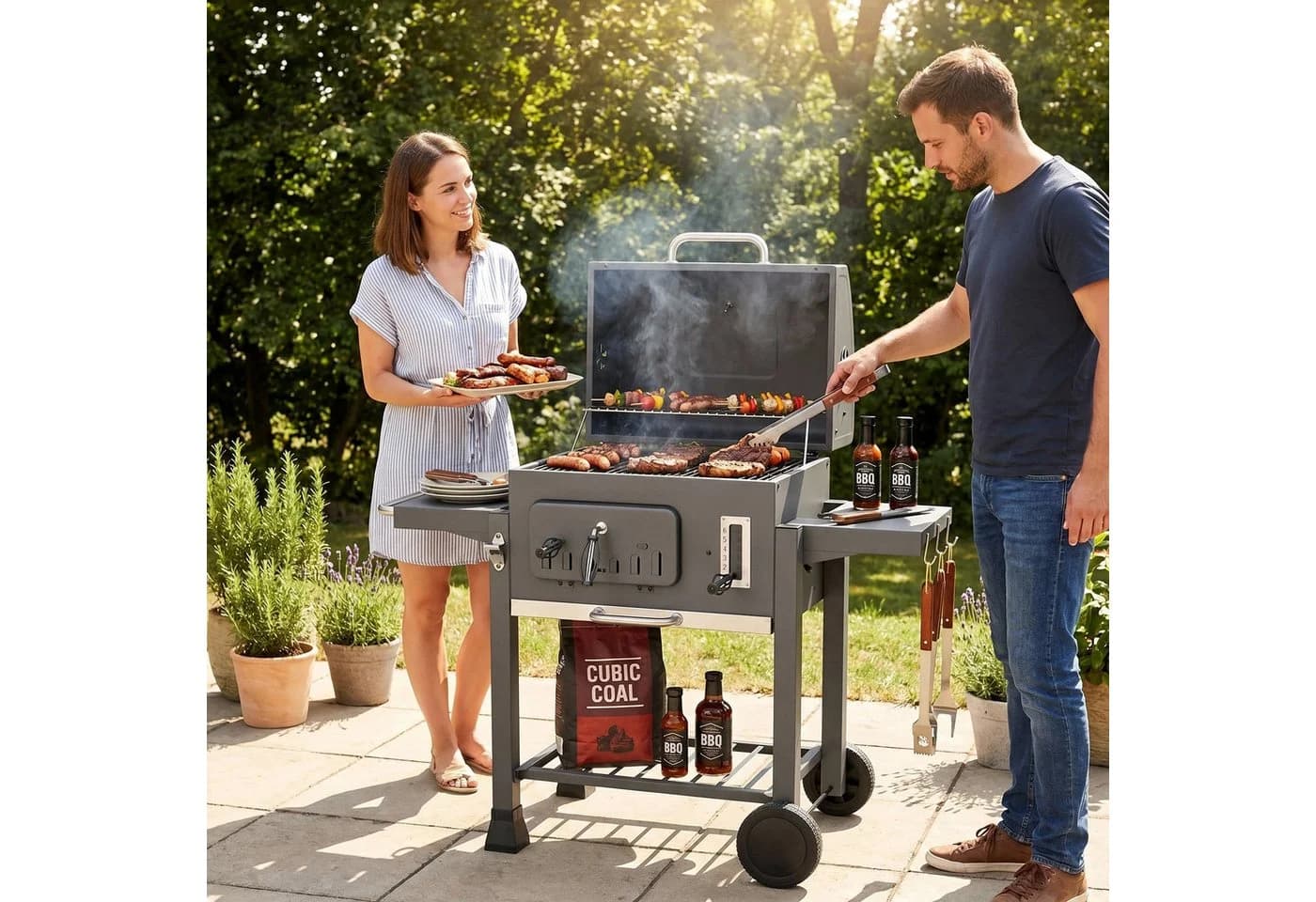 TLGREEN Holzkohlegrill XXL Grillwagen mit Deckel grau - Bild 2