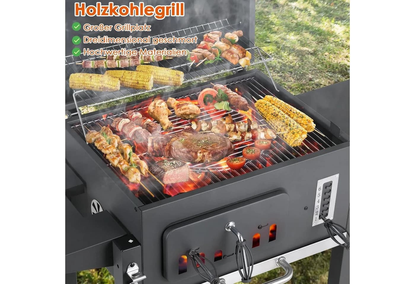 TLGREEN Holzkohlegrill XXL Grillwagen mit Deckel grau - Bild 4