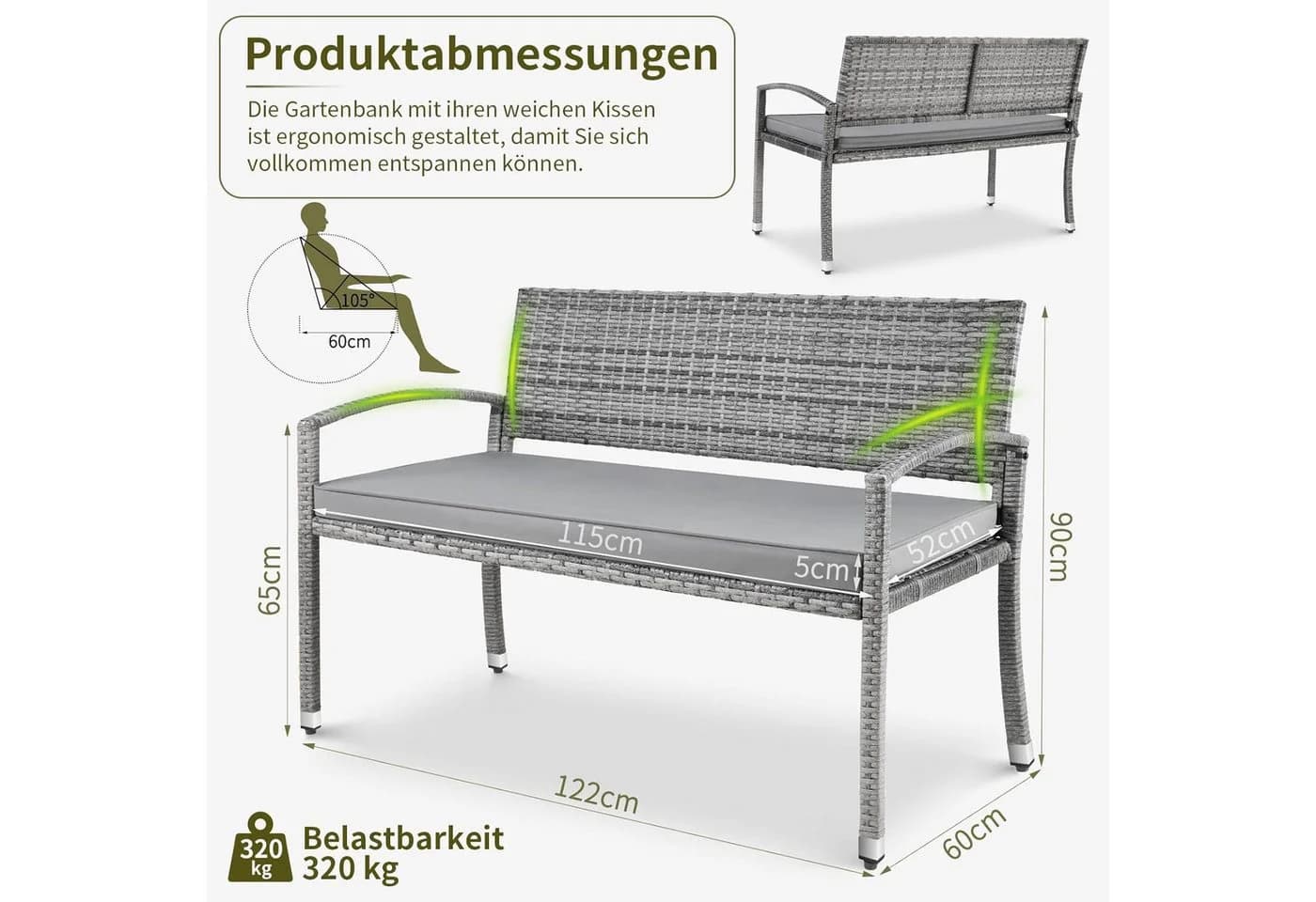 TLGREEN Gartenbank 2-Sitzer Grau PE-Rattan Metallrahmen