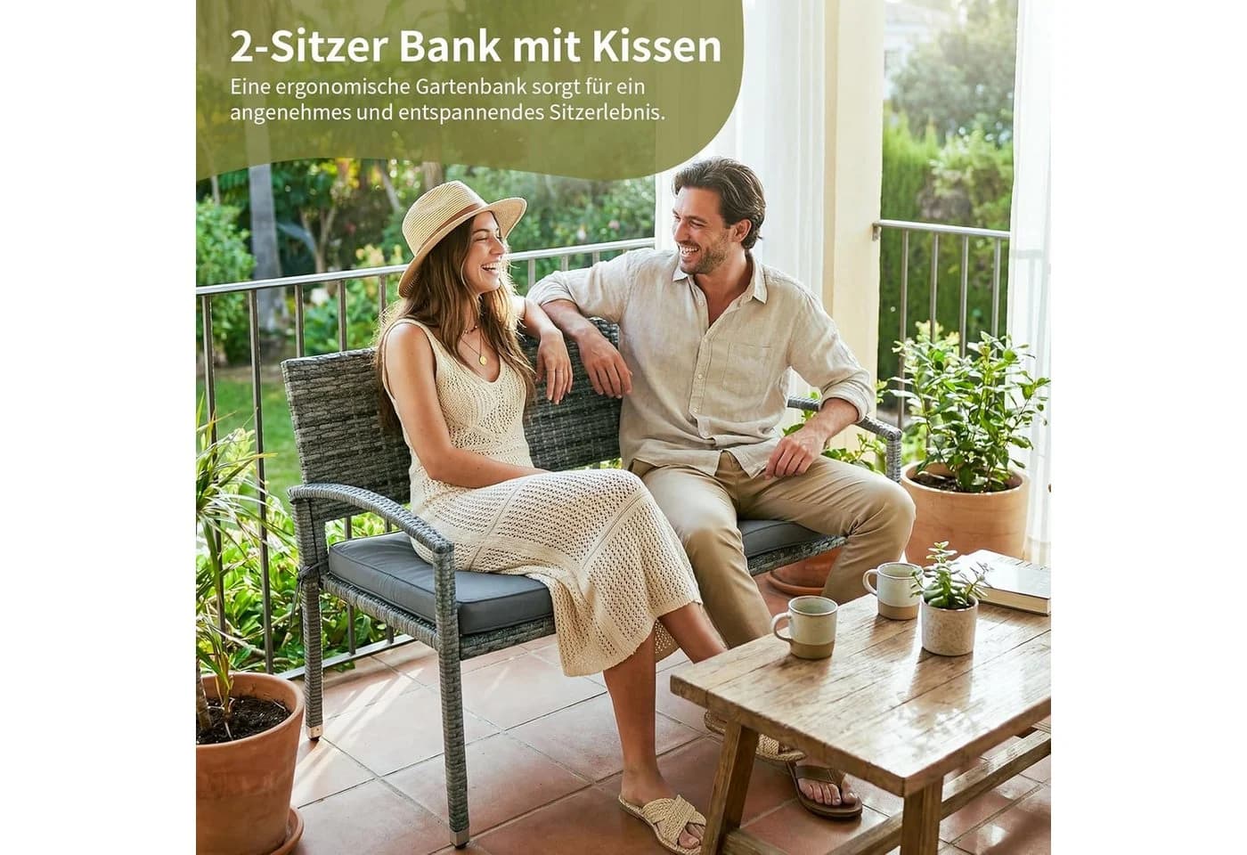 TLGREEN Gartenbank 2-Sitzer Grau PE-Rattan Metallrahmen - Bild 3