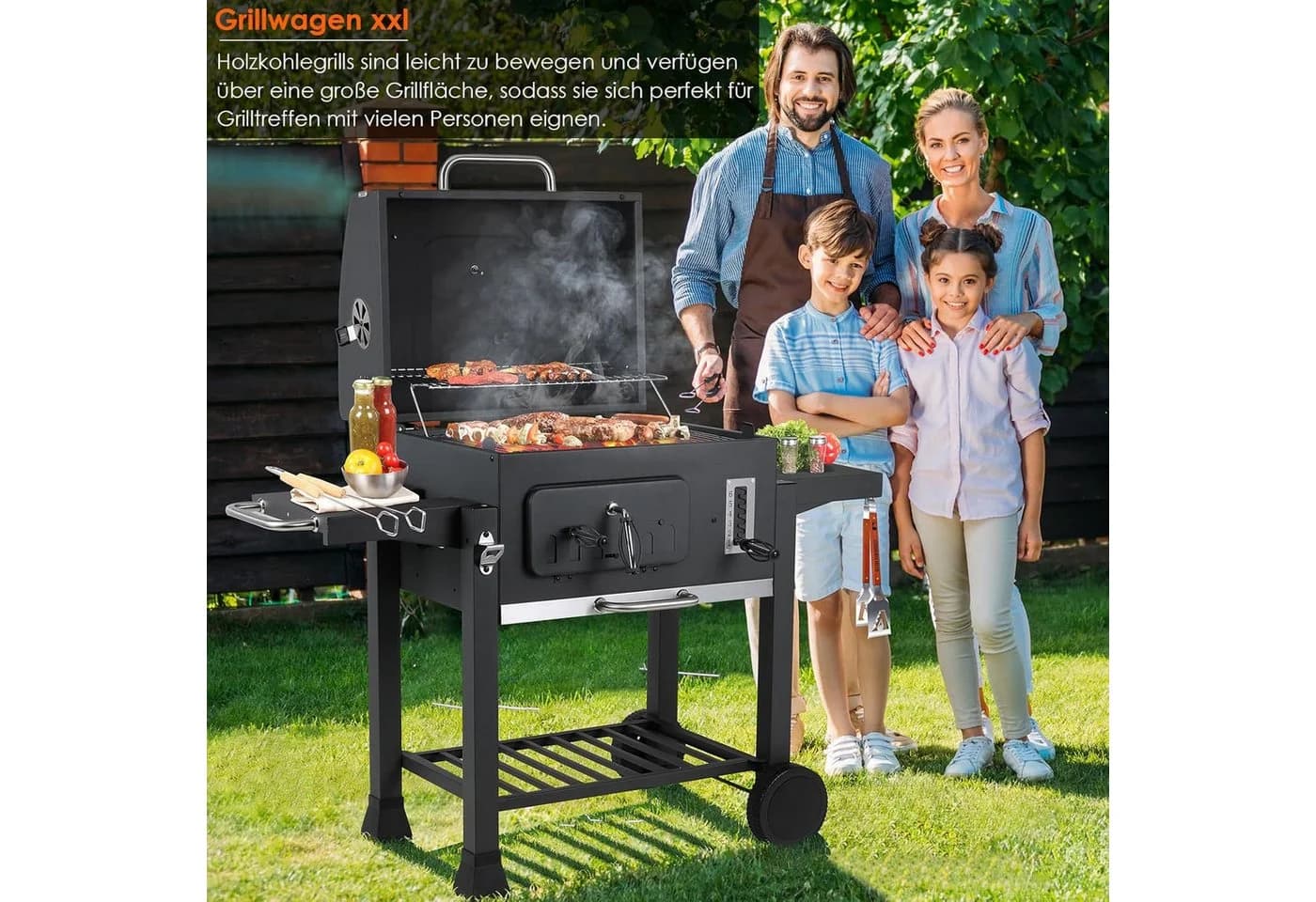 TLGREEN Holzkohlegrill XXL Grillwagen mit Deckel 3-Zonen Multifunktional
