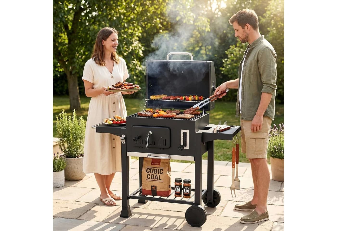 TLGREEN Holzkohlegrill XXL Grillwagen mit Deckel 3-Zonen Multifunktional - Bild 2