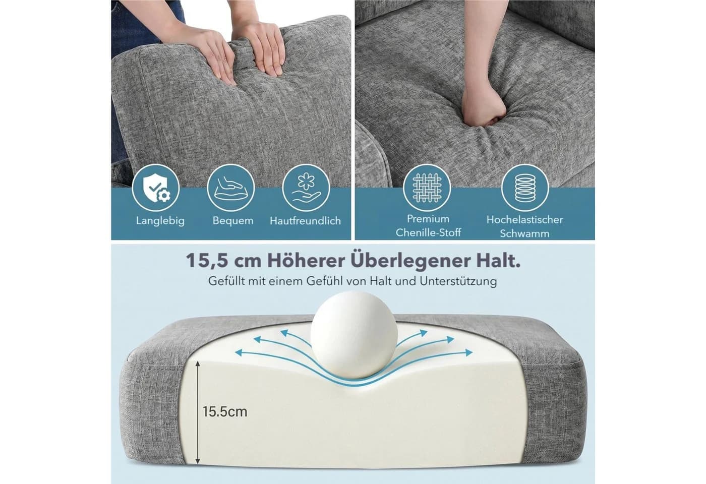 TLGREEN Loungesessel Grau Chenille Federkern Polsterstuhl - Bild 4
