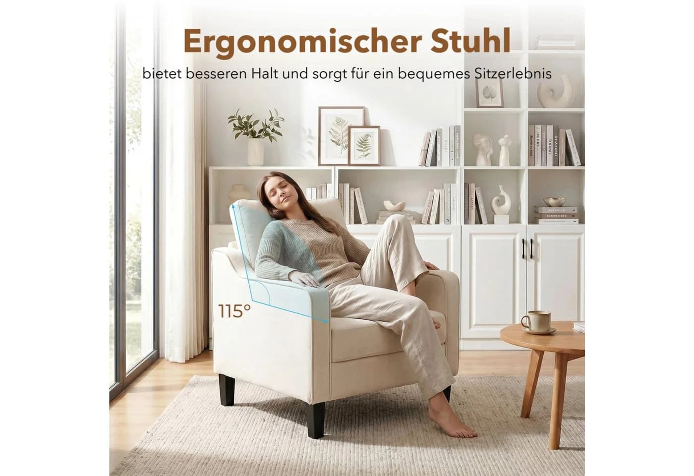 TLGREEN Loungesessel Beige Chenille Polstersessel mit Kissen - Bild 5