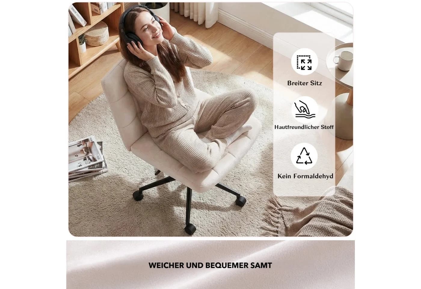 TLGREEN Drehstuhl Samt beige höhenverstellbar mit Rollen - Bild 4
