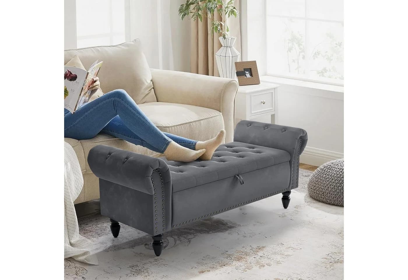 TLGREEN Bettbank Doppelter Hocker mit Stauraum Beige Samt - Bild 3