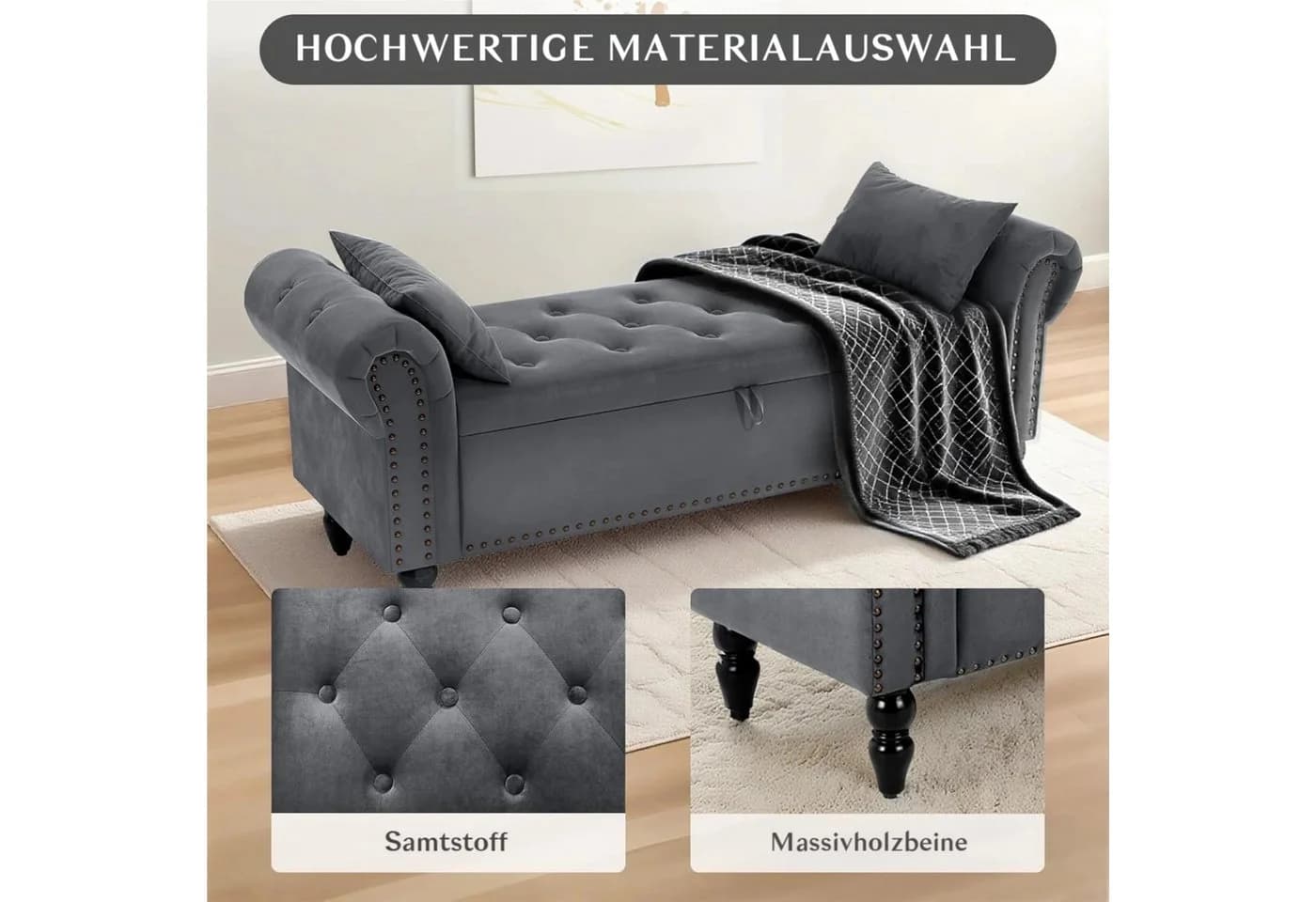 TLGREEN Bettbank Doppelter Hocker mit Stauraum Beige Samt - Bild 5