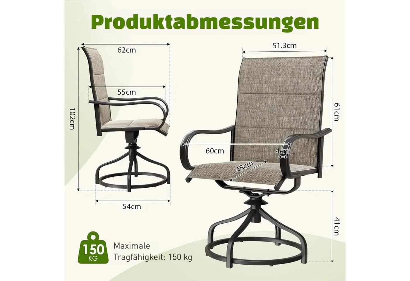 TLGREEN Gartenstuhl hochlehner 2er Set 360° drehbar Braun