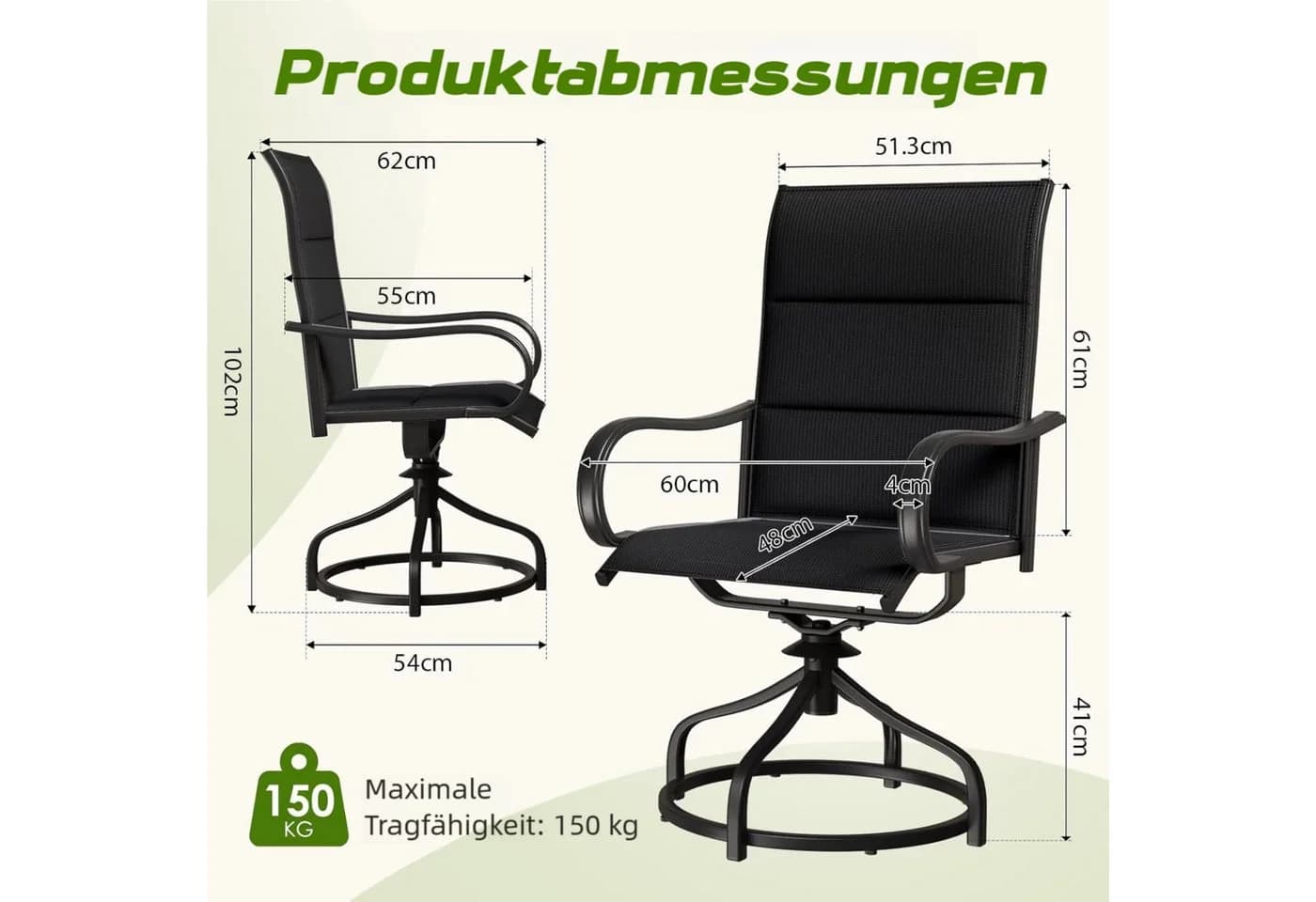 TLGREEN Gartenstuhl Hochlehner 2er Set Schwarz 360° drehbar