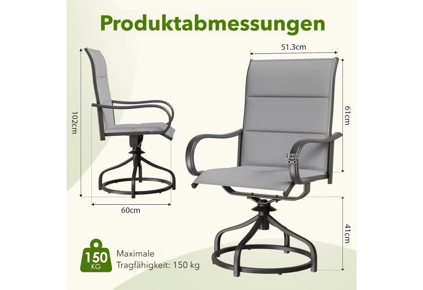 TLGREEN Gartenstuhl Hochlehner 2er Set Grau 360° drehbar wetterfest