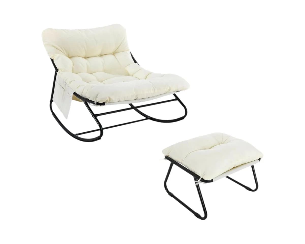 TLGREEN Schaukelstuhl mit Hocker, gepolstert, beige, Metall - Bild 2