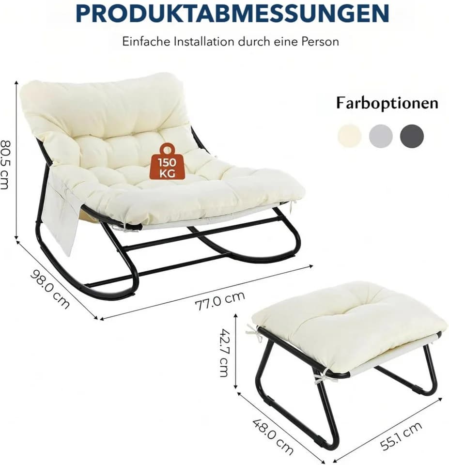 TLGREEN Schaukelstuhl mit Hocker, gepolstert, beige, Metall - Bild 3