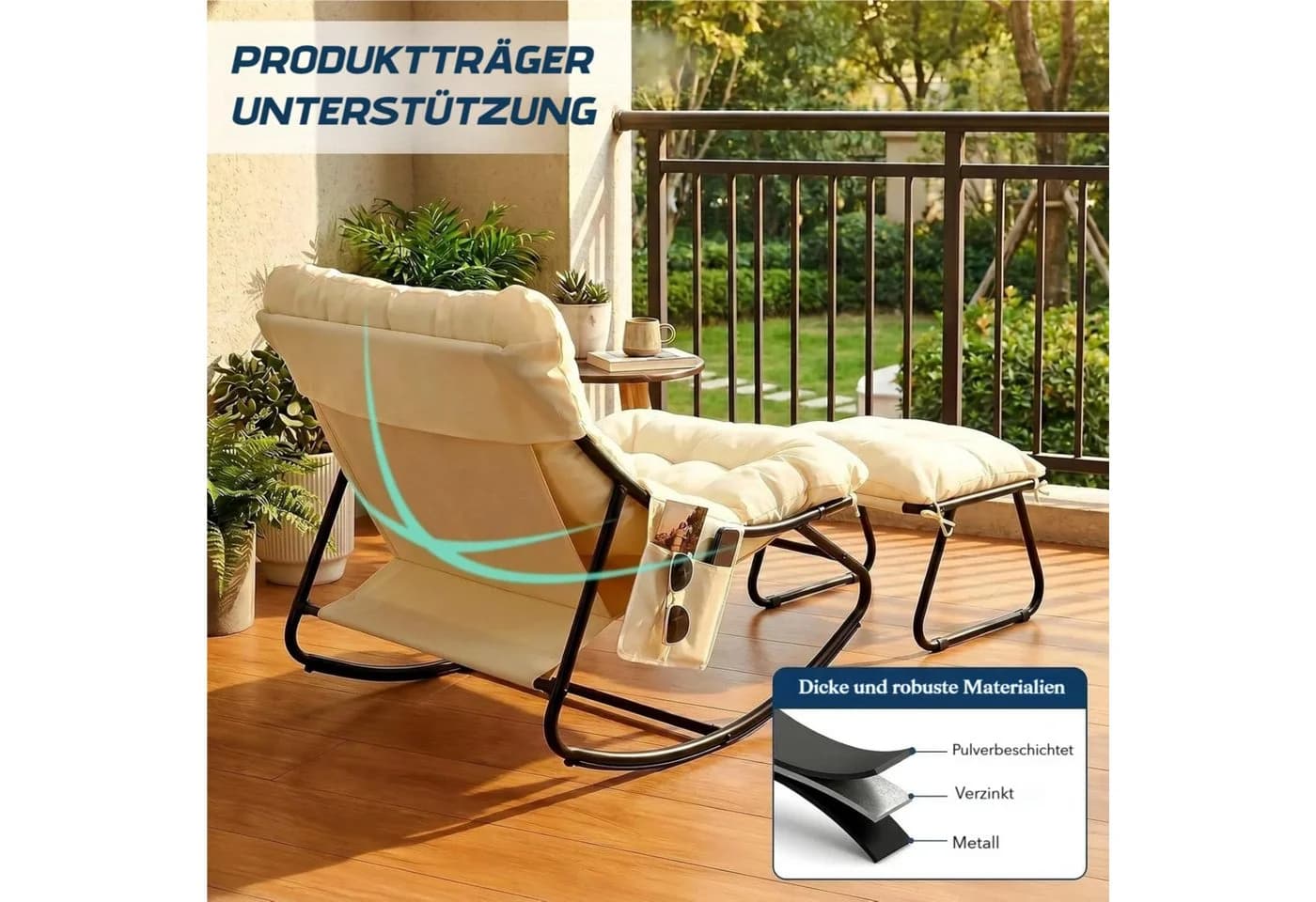 TLGREEN Schaukelstuhl mit Hocker, gepolstert, beige, Metall - Bild 5