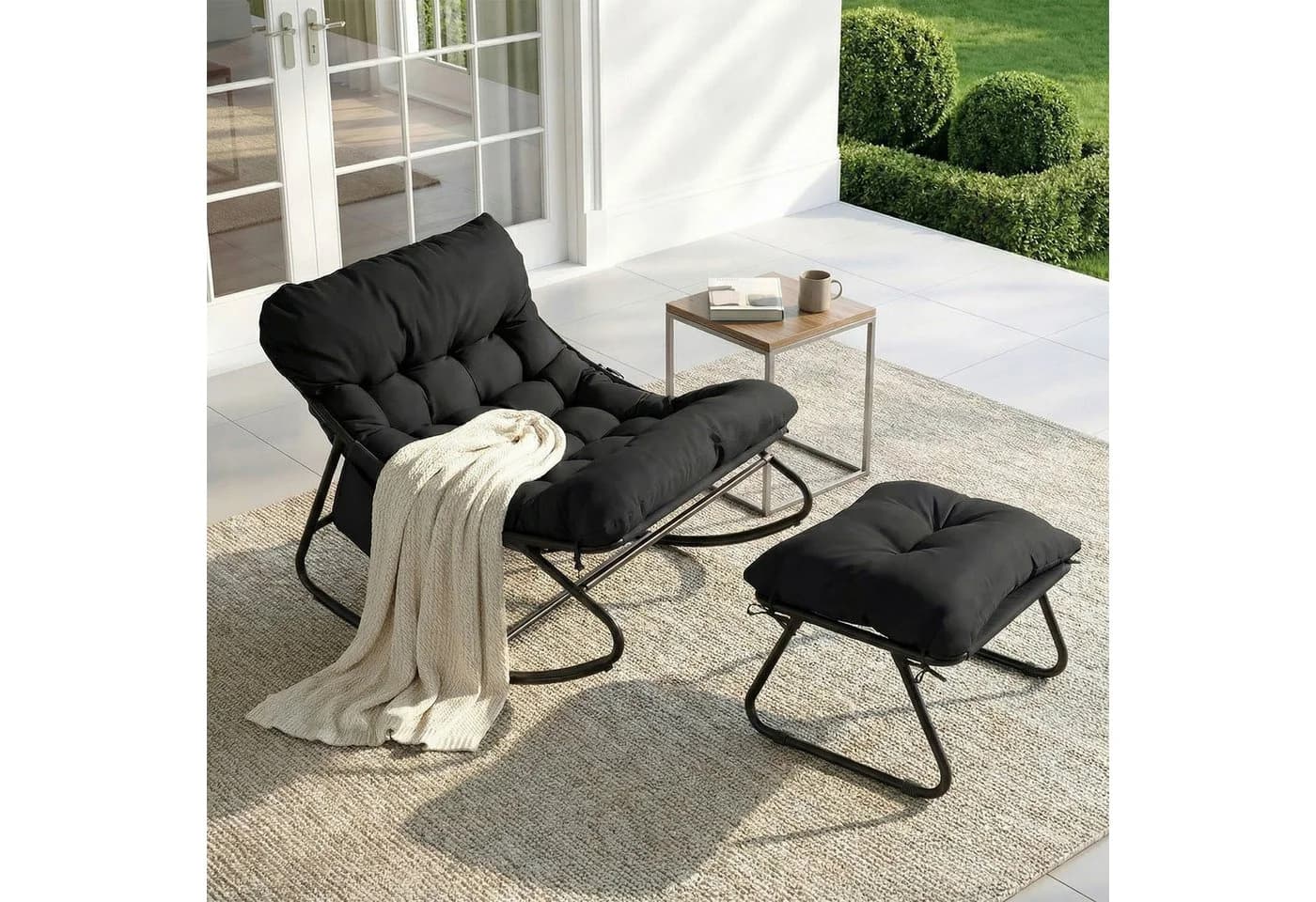 TLGREEN Schaukelstuhl mit Hocker Schwarz Metallrahmen