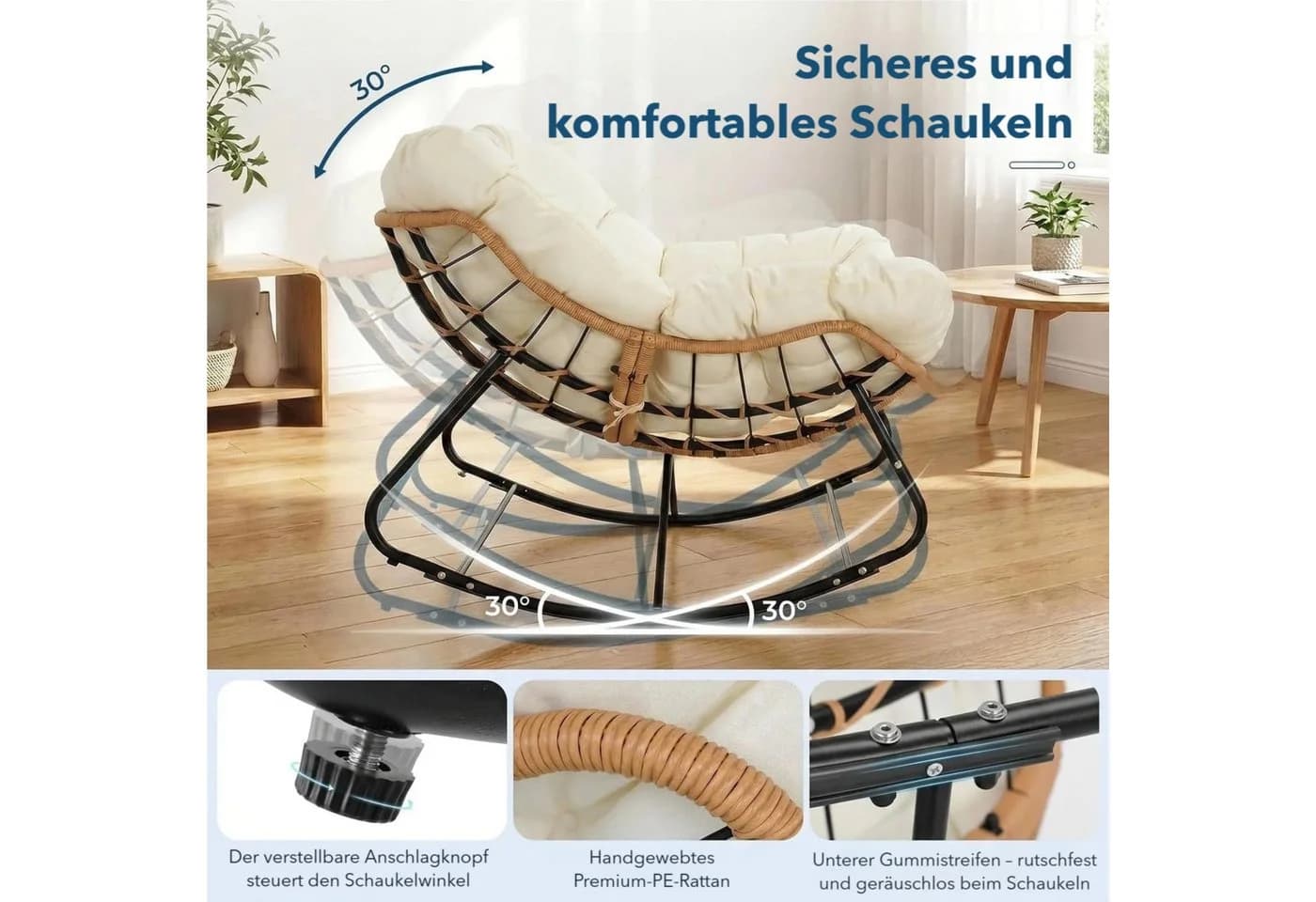 TLGREEN Schaukelstuhl Rattan Eiform 150kg - Bild 5