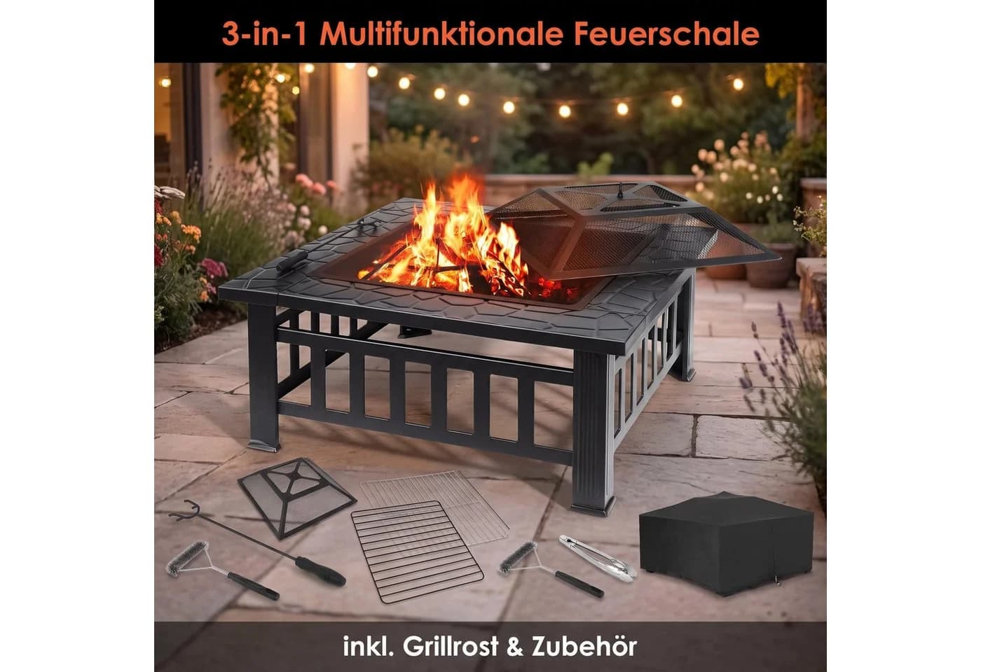TLGREEN Feuerschale mit Grillrost & Ascheschale Schwarz Stahl