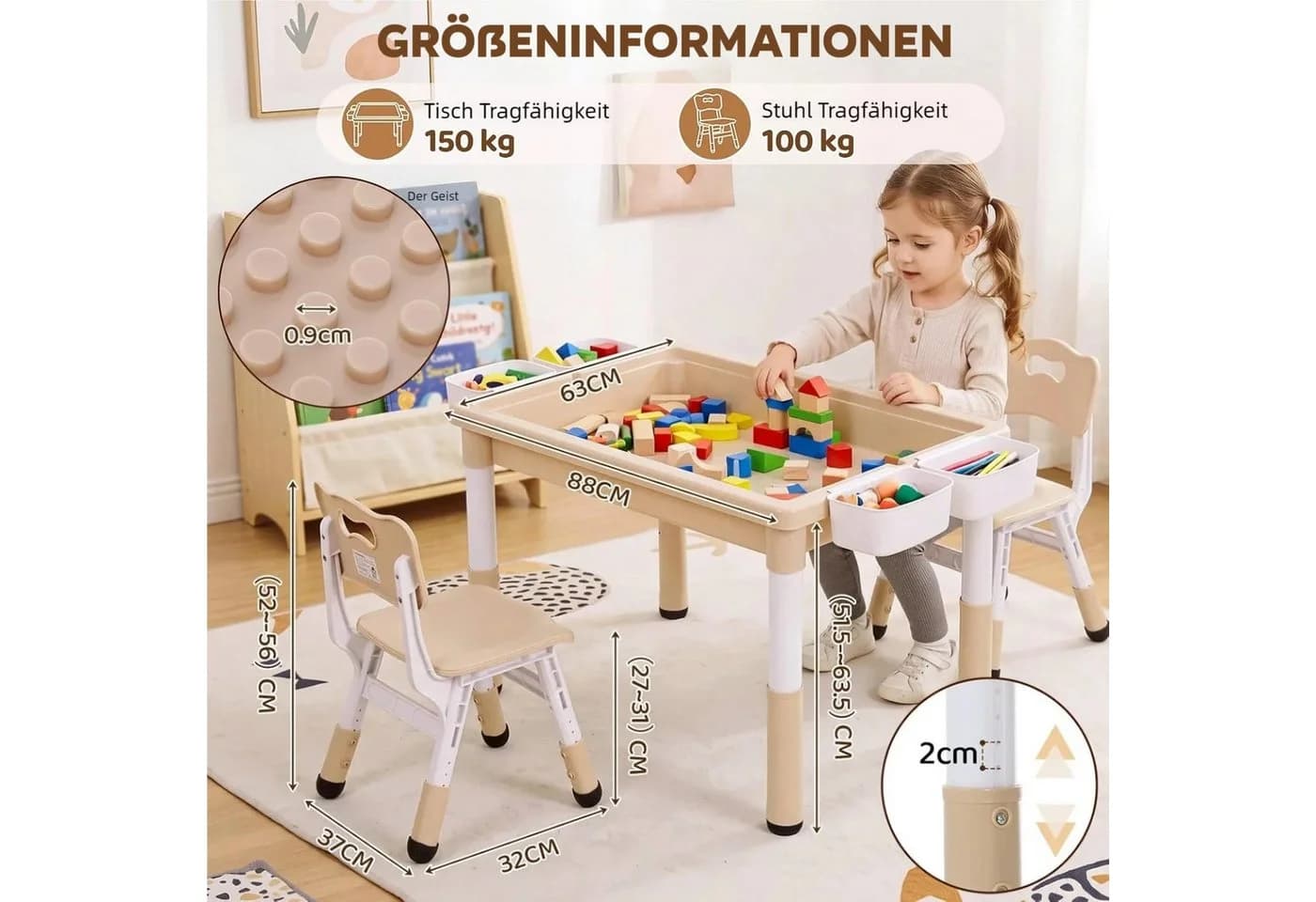 TLGREEN Kindertisch 3-teilig höhenverstellbar mit Stühlen Grau-Gelb