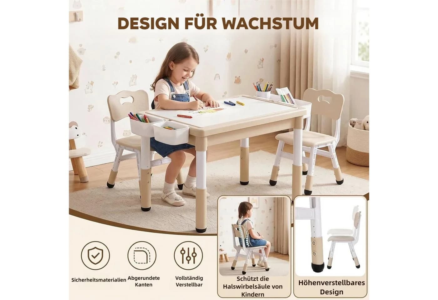 TLGREEN Kindertisch 3-teilig höhenverstellbar mit Stühlen Grau-Gelb - Bild 5