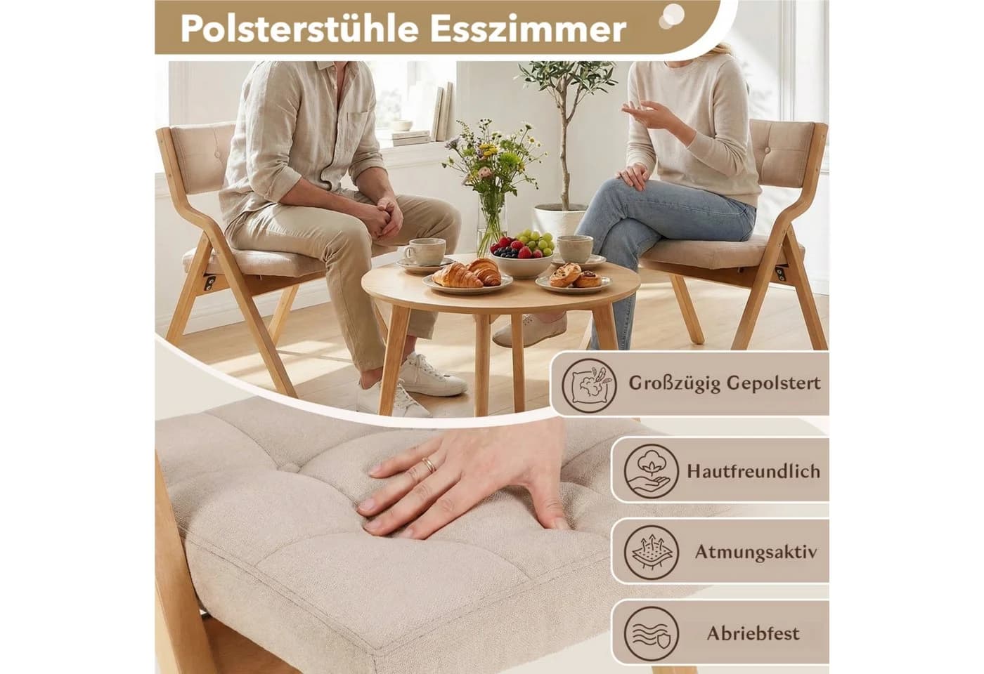 TLGREEN 4er Set Klappstühle Naturholz Grau Beige - Bild 3
