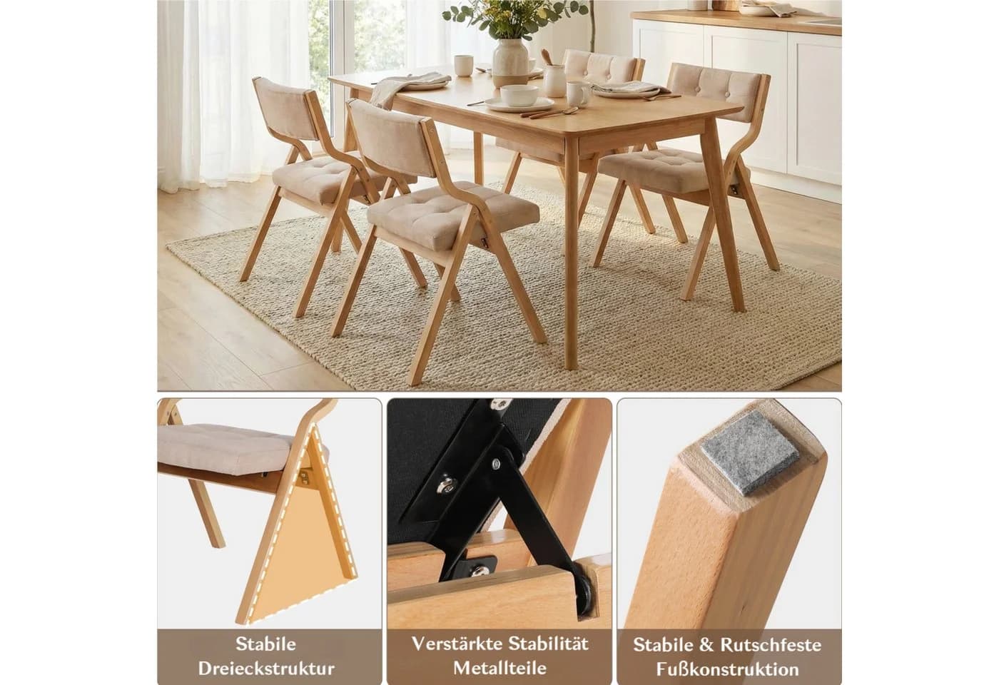 TLGREEN 4er Set Klappstühle Naturholz Grau Beige - Bild 4