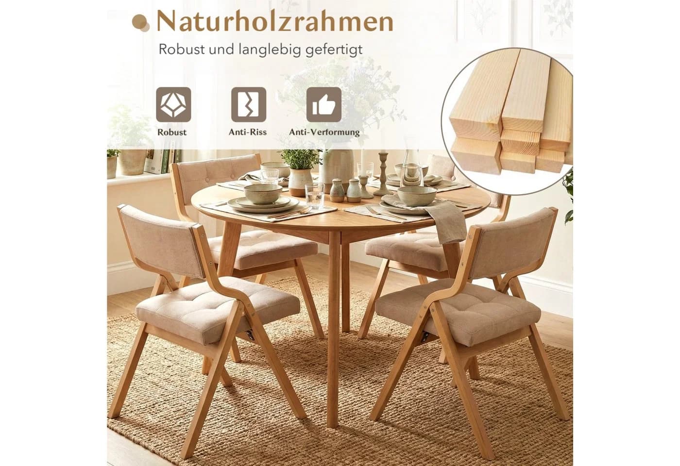TLGREEN 4er Set Klappstühle Naturholz Grau Beige - Bild 5