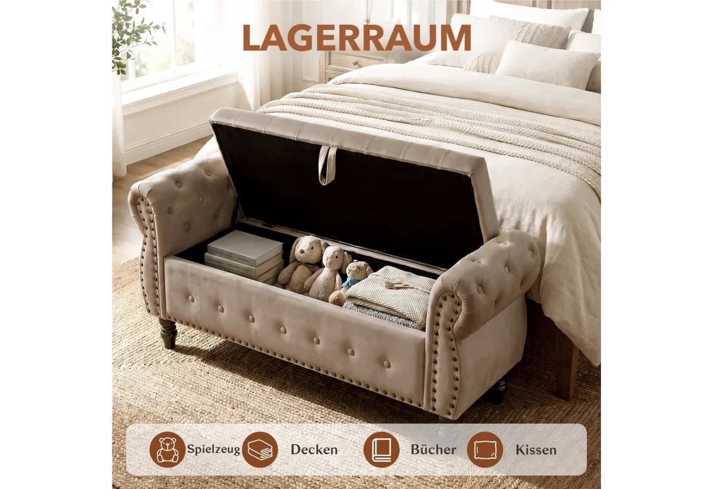 TLGREEN Bettbank Braun mit Stauraum & Knopfpolsterung - Bild 3