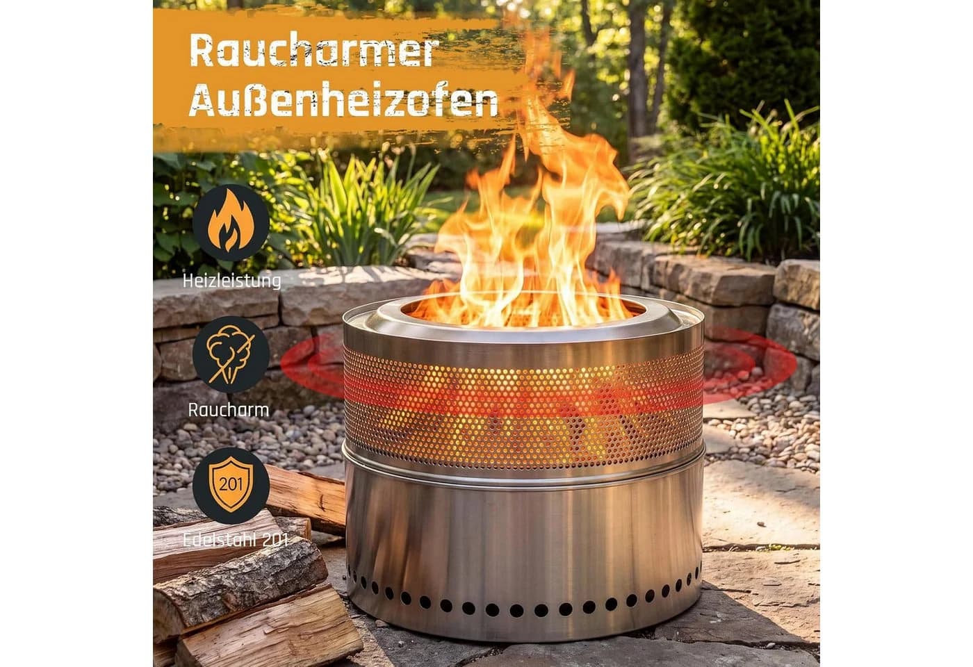 TLGREEN Feuerschale 50cm Edelstahl Raucharm mit Grillrost & Tragetasche - Bild 3