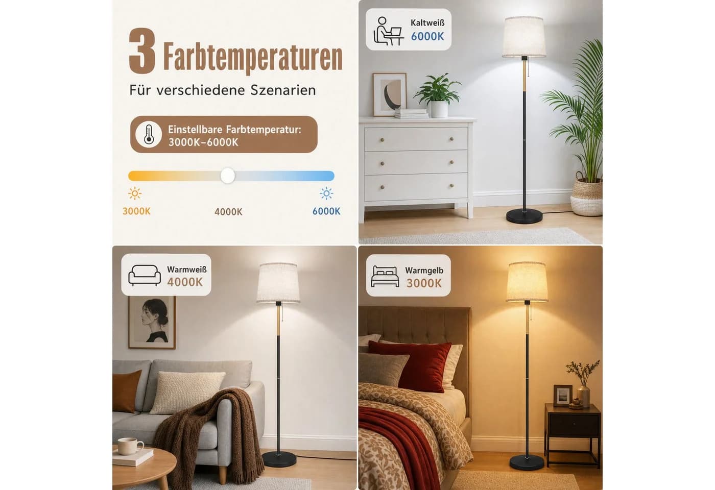 TLGREEN Stehlampe LED mit Fernbedienung E27 Leinen Schirm Beige