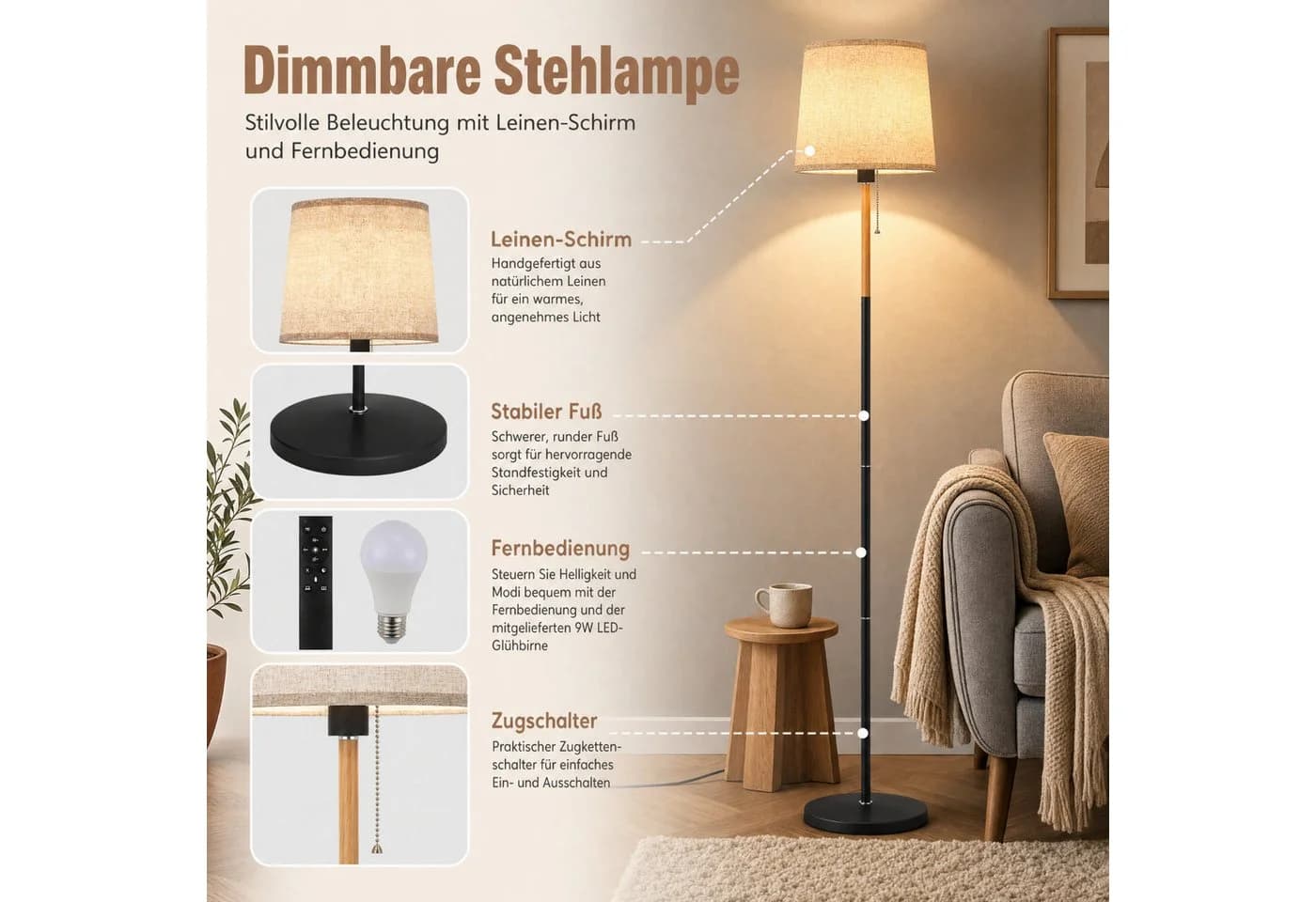 TLGREEN Stehlampe LED mit Fernbedienung E27 Leinen Schirm Beige - Bild 3