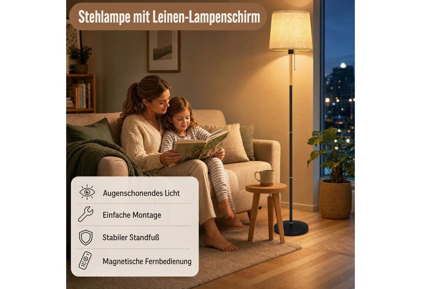 TLGREEN Stehlampe LED mit Fernbedienung E27 Leinen Schirm Beige - Bild 5