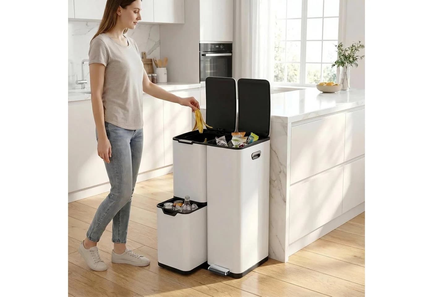 TLGREEN Mülltrennsystem 60L Edelstahl 3 Fächer Soft-Close