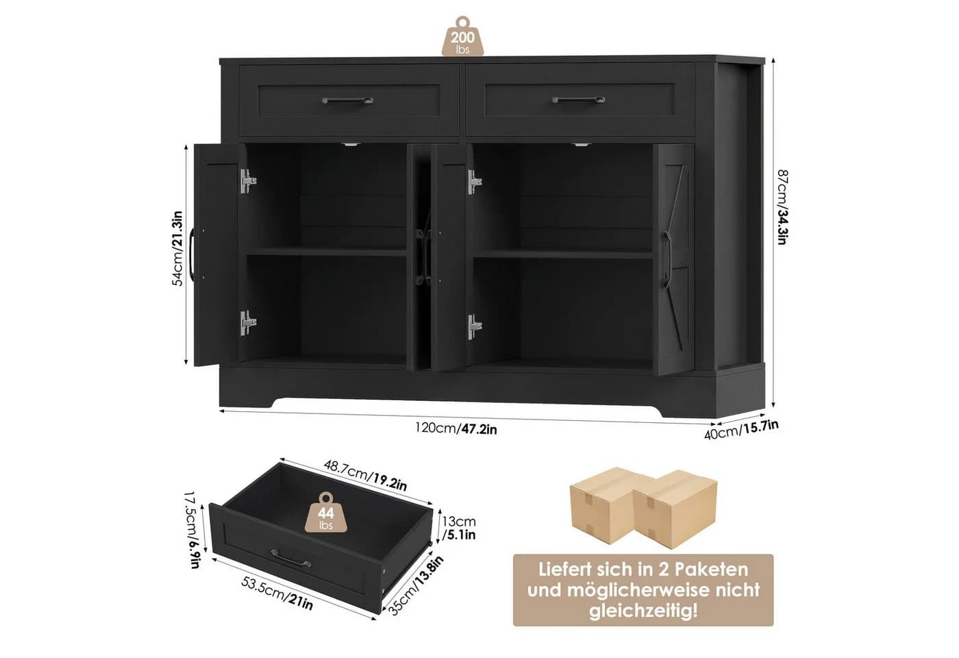 HOMECHO Buffet 120cm Küchenschrank Weiß/Braun mit 2 Schubladen 4 Türen