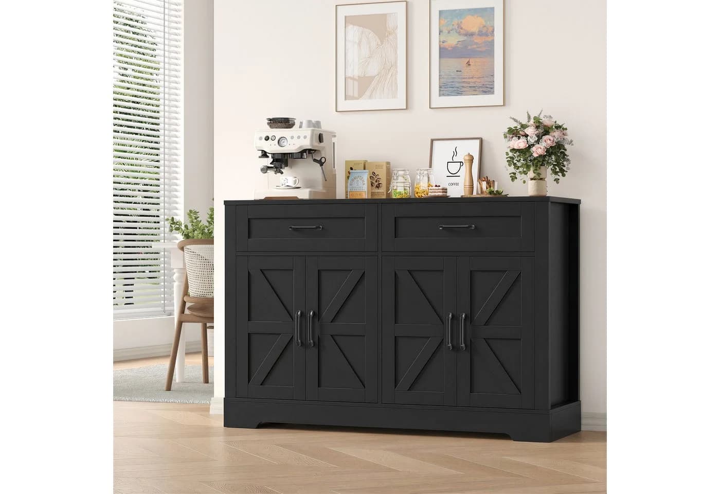 HOMECHO Buffet 120cm Küchenschrank Weiß/Braun mit 2 Schubladen 4 Türen - Bild 2