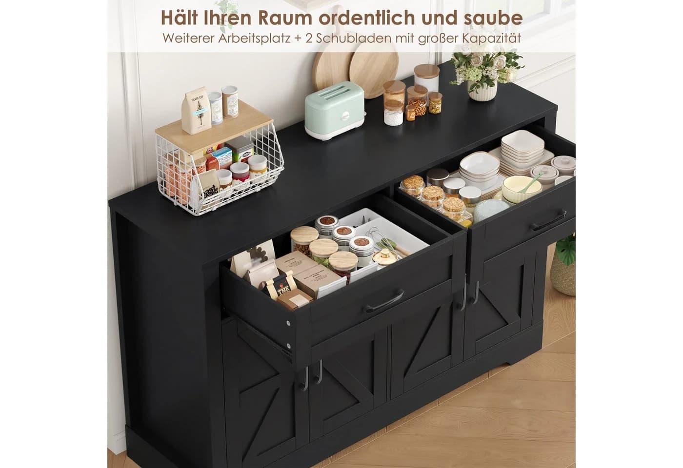 HOMECHO Buffet 120cm Küchenschrank Weiß/Braun mit 2 Schubladen 4 Türen - Bild 3