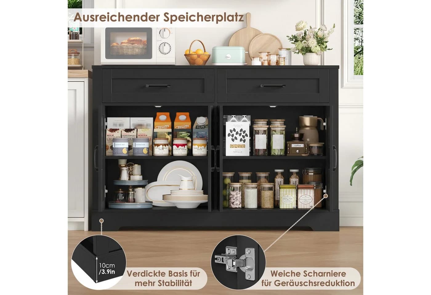 HOMECHO Buffet 120cm Küchenschrank Weiß/Braun mit 2 Schubladen 4 Türen - Bild 4