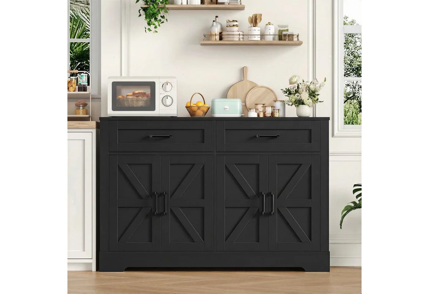 HOMECHO Buffet 120cm Küchenschrank Weiß/Braun mit 2 Schubladen 4 Türen - Bild 5